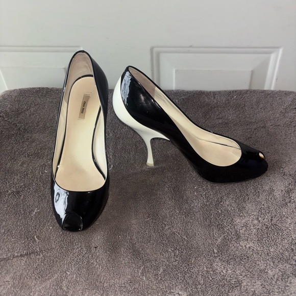 Miu Miu Shoes - Miu Miu black/white patent peep toe heels size 36-1/2 EU 6 US